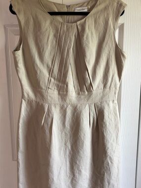 Calvin Klein Neutral Beige Pleated Front Sheath Dress